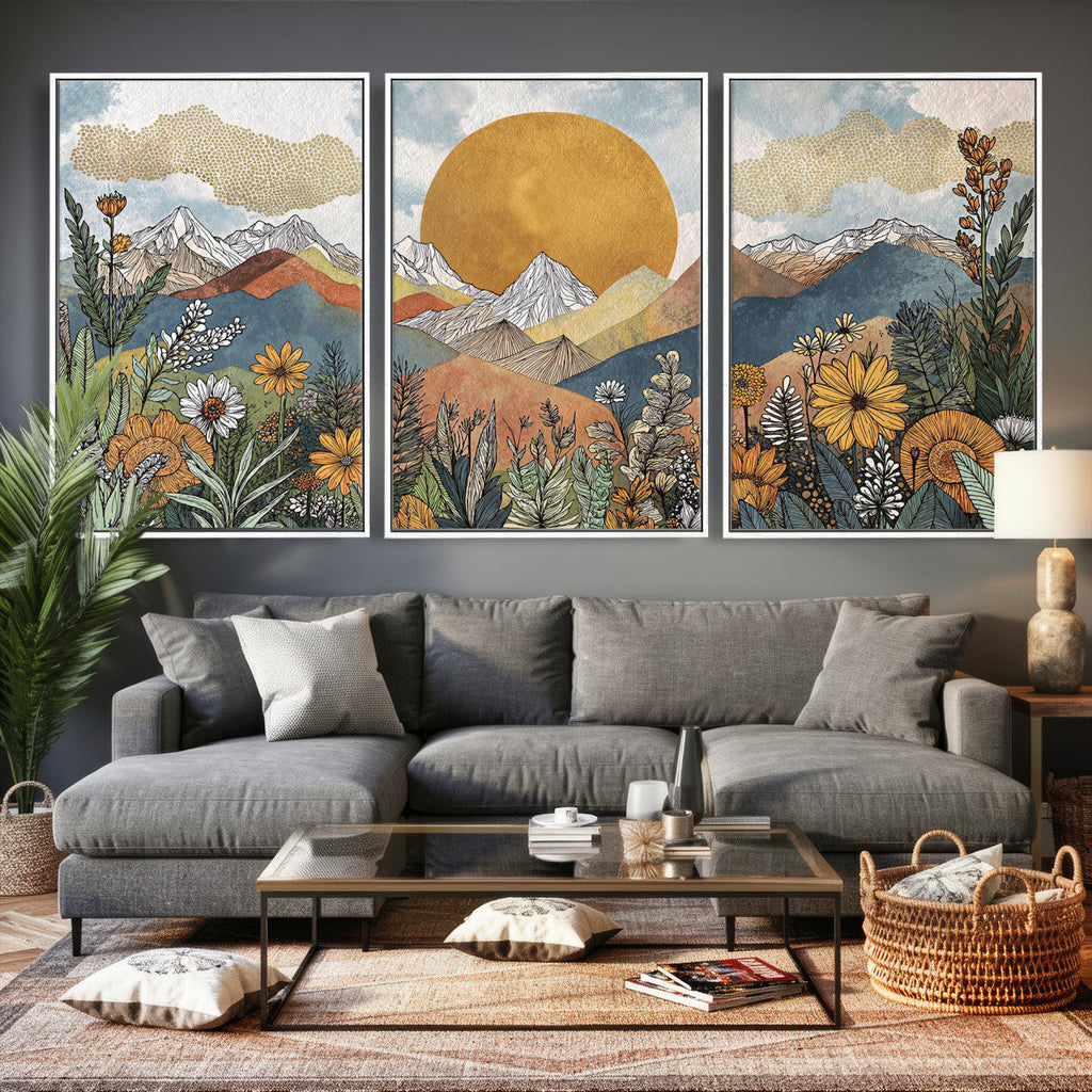 Boho Mountain Landscape Large Wall Art, Horizontal Gold Sun and Flowers Print