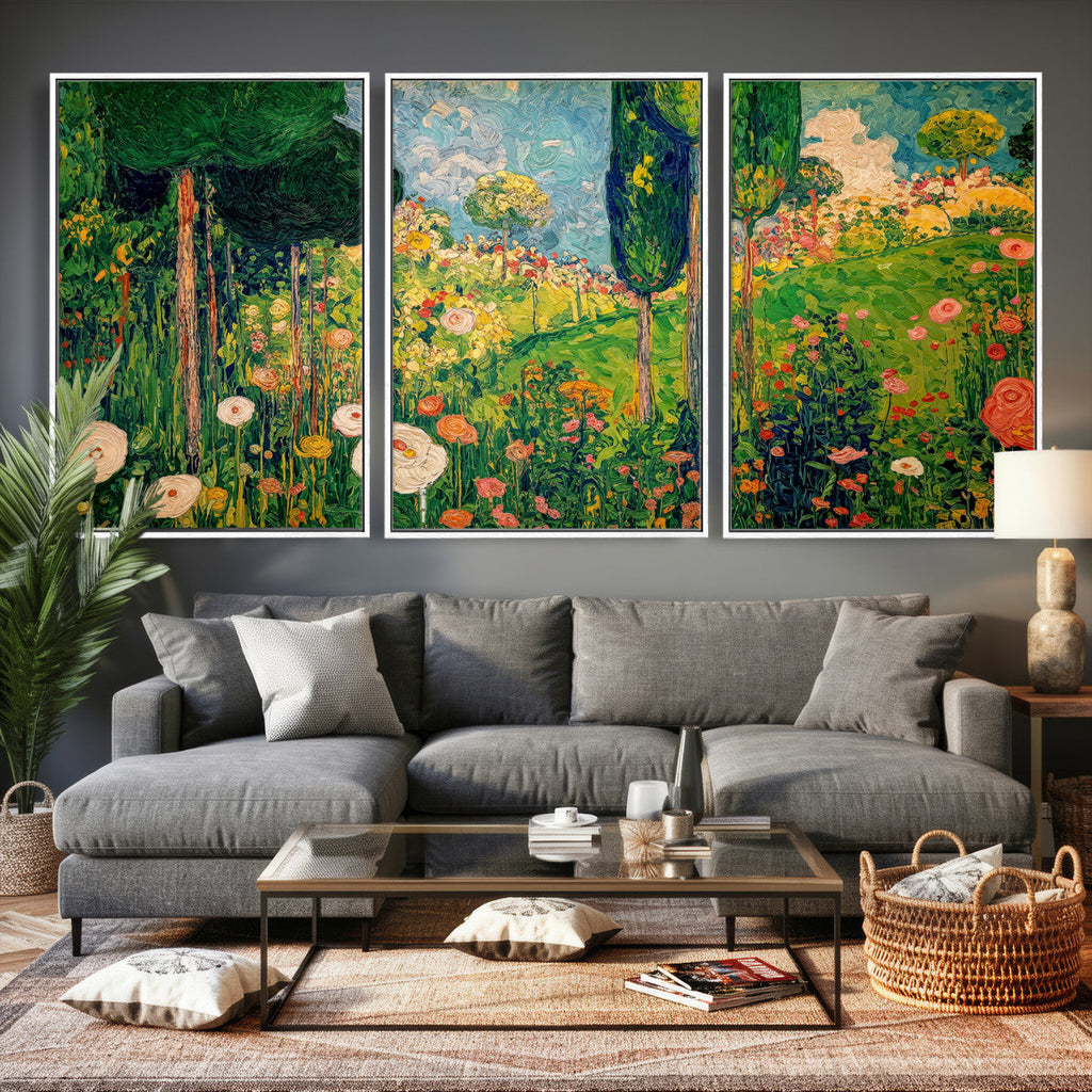 Gustav Klimt Boho Mountain Landscape Large Wall Art, Gold Sun and Flowers Print