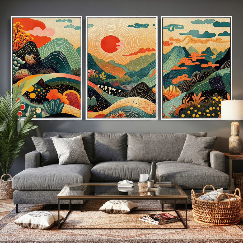 Yayoi Kusama Boho Mountain Landscape Large Wall Art, Gold Sun and Flowers Print