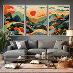 Yayoi Kusama Boho Mountain Landscape Large Wall Art, Gold Sun and Flowers Print
