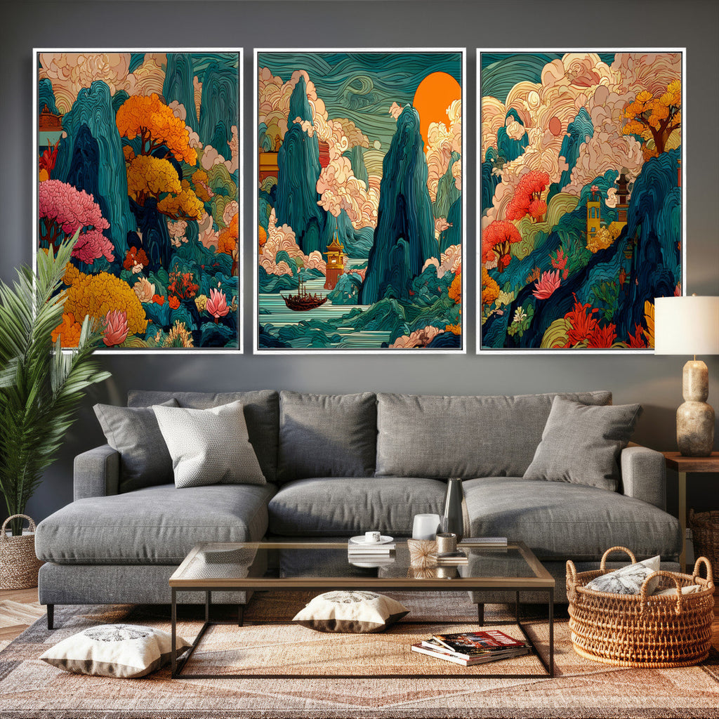 Colorful Japanese Landscape Print: Maximalist Panoramic Wall Art