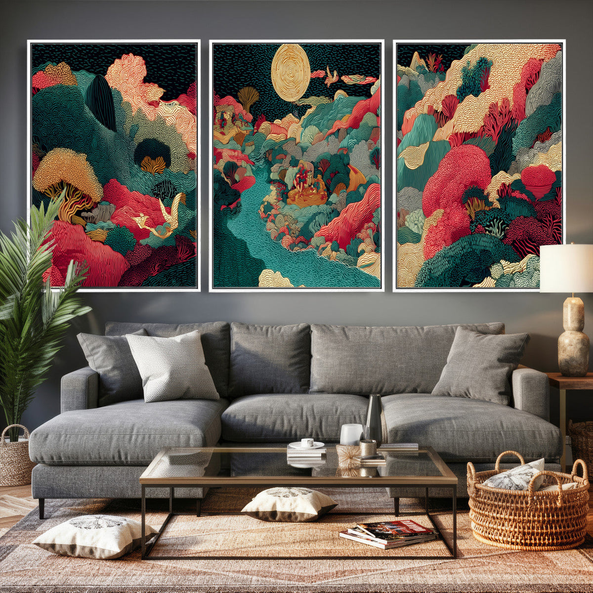Colorful Japanese Landscape Print: Maximalist Panoramic Wall Art