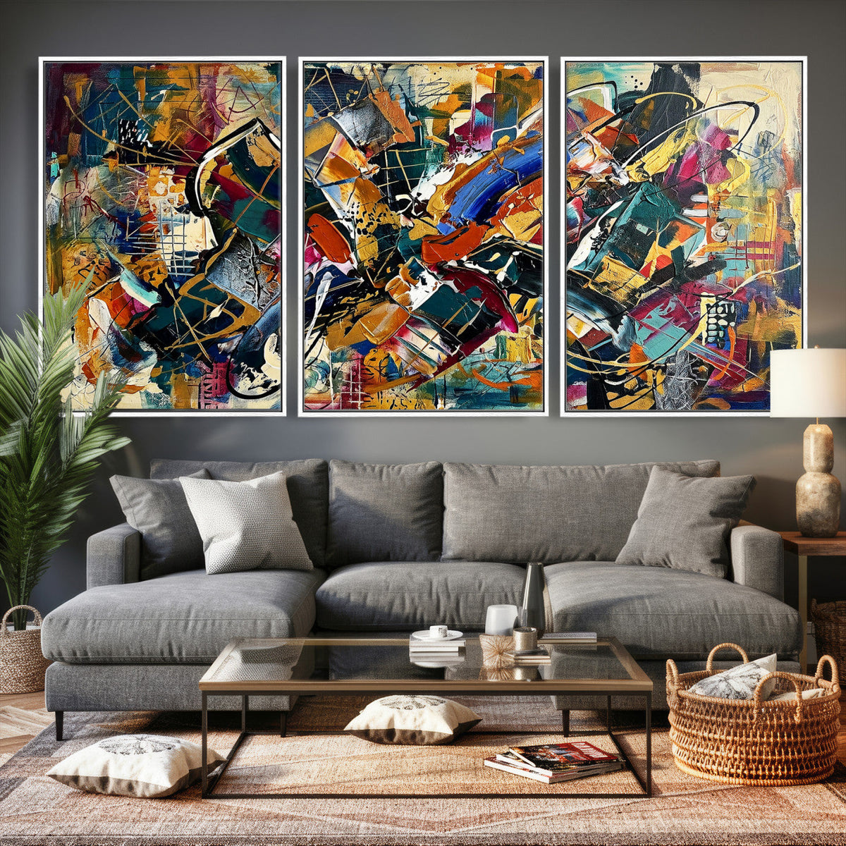 Geometric Abstract Wall Art Canvas Print, Orange Blue