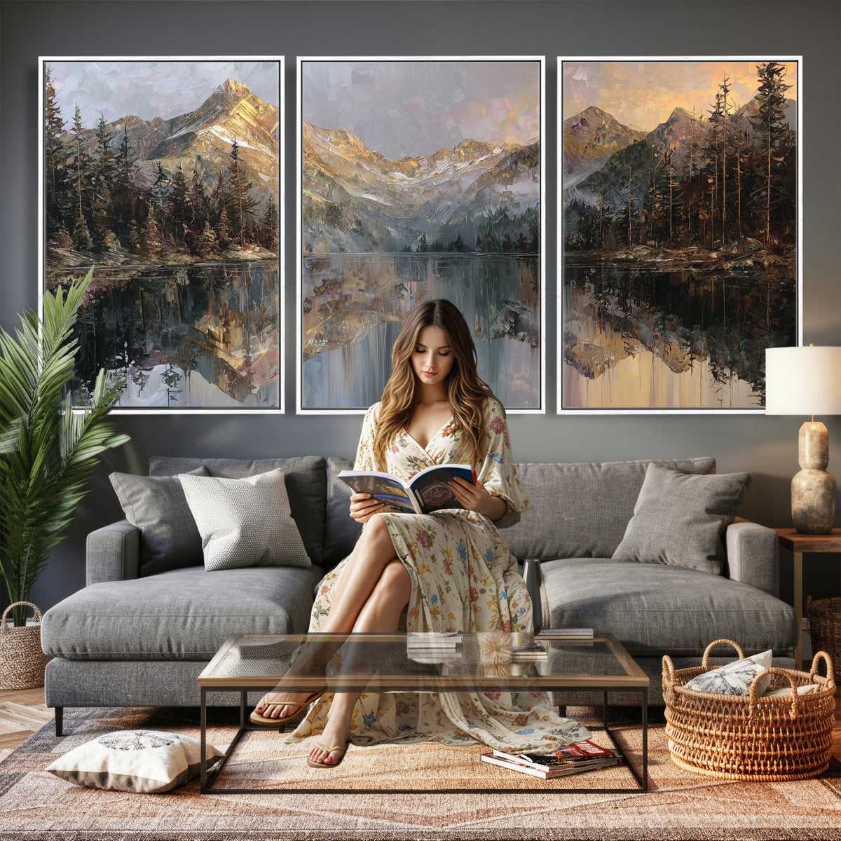 Drip Style Forest Lake Gold Art, Abstract Expressionist, Framed and Ready to Hang