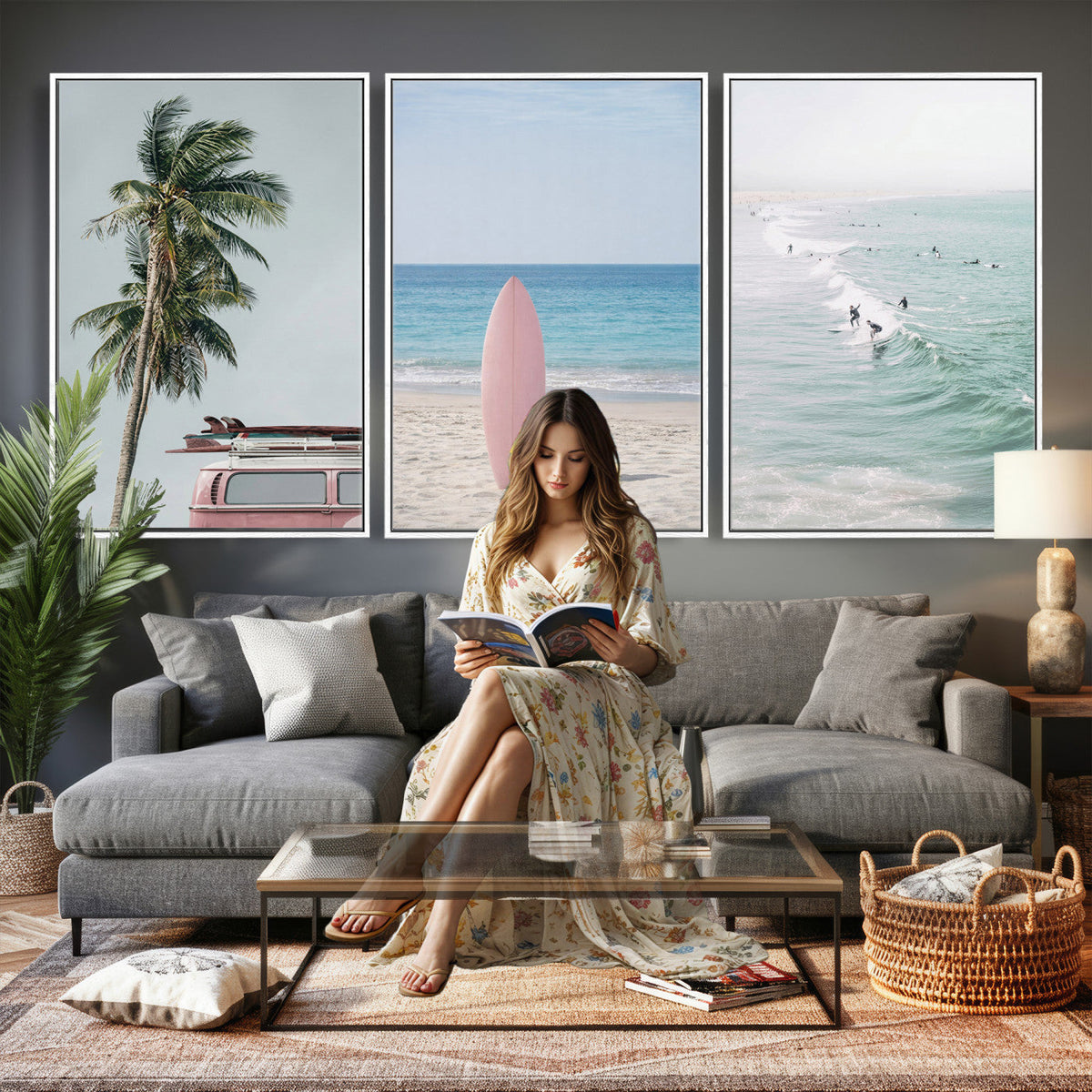 Surf Canvas Wall Art Set, Pink Surfboard VW Van Palm Tree