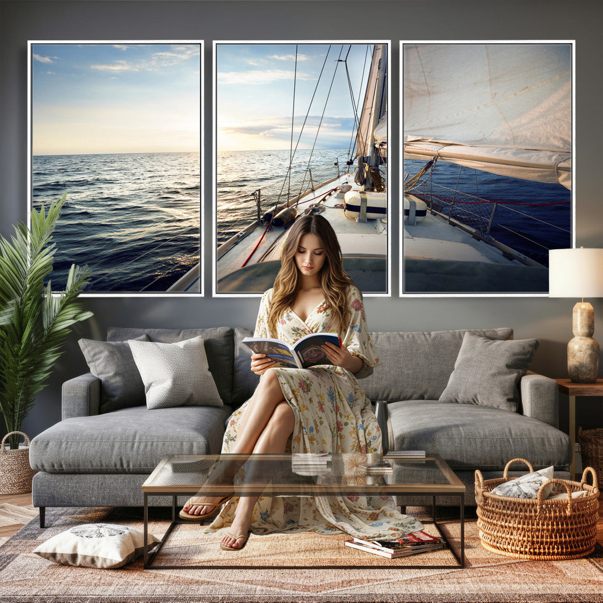 Sailboat Wall Art Canvas Print, Ocean Sunset Sailing Framed Artwork