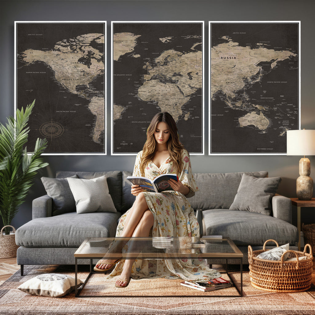 World Map Canvas Wall Art, Dark Charcoal and Antique Tan Detailed Map
