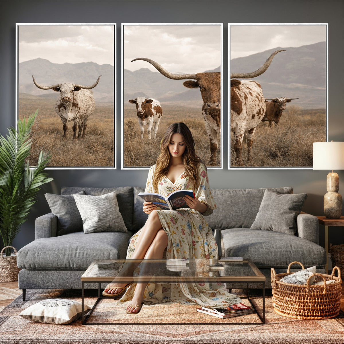 Rustic Texas Longhorn Cow Canvas Wall Art Print, Farm Animal Photography