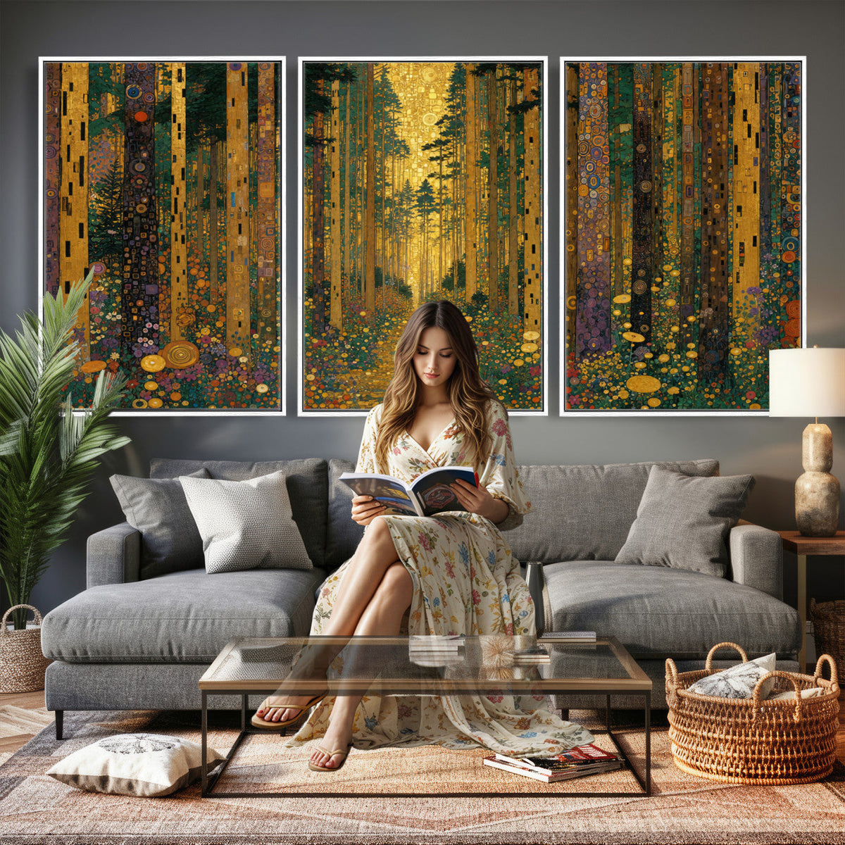 Gustav Klimt Style Forest Canvas Wall Art, Golden Forest Path Floral Art Nouveau Print