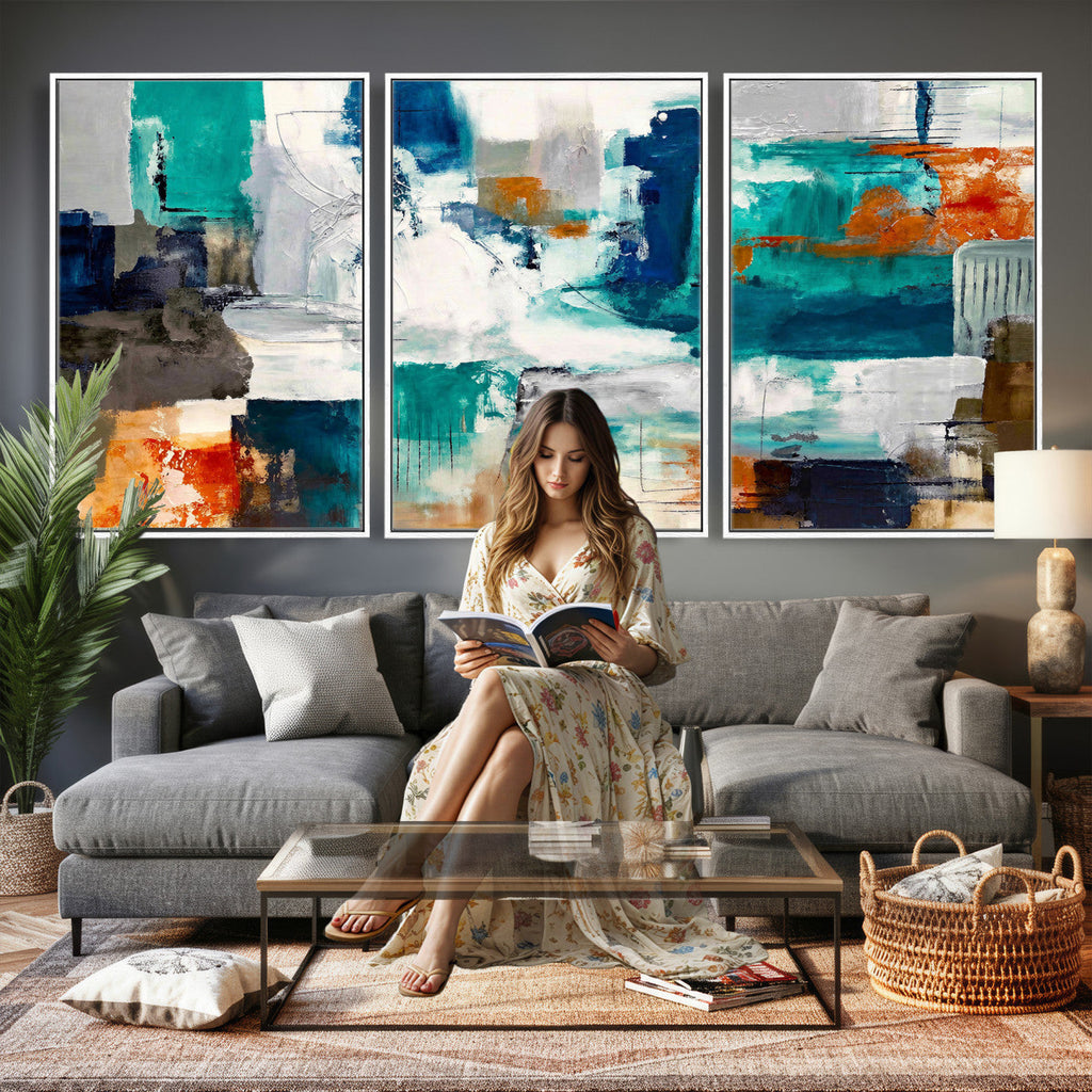 Blue Teal Abstract Canvas Wall Art, Modern Brushstroke Style Print, Navy Orange Contemporary Decor