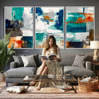 Blue Teal Abstract Canvas Wall Art, Modern Brushstroke Style Print, Navy Orange Contemporary Decor