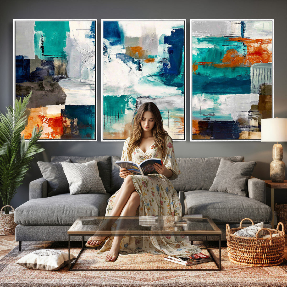 Blue Teal Abstract Canvas Wall Art, Modern Brushstroke Style Print, Navy Orange Contemporary Decor