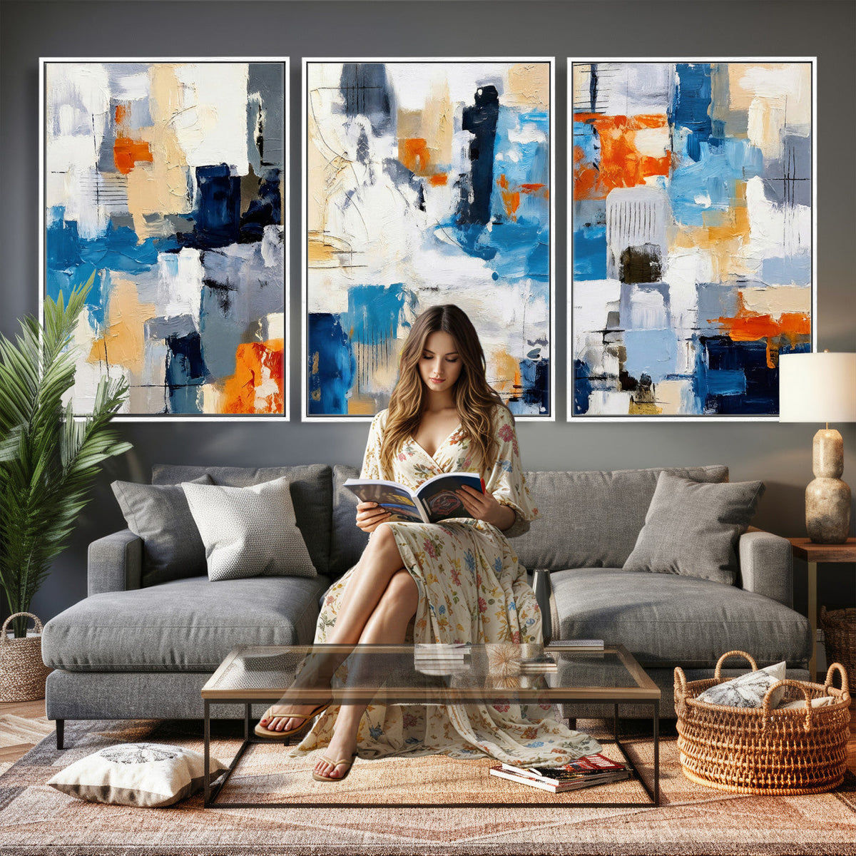 Blue Teal Abstract Canvas Wall Art, Modern Brushstroke Style Painting Print, Navy Orange Contemporary Decor