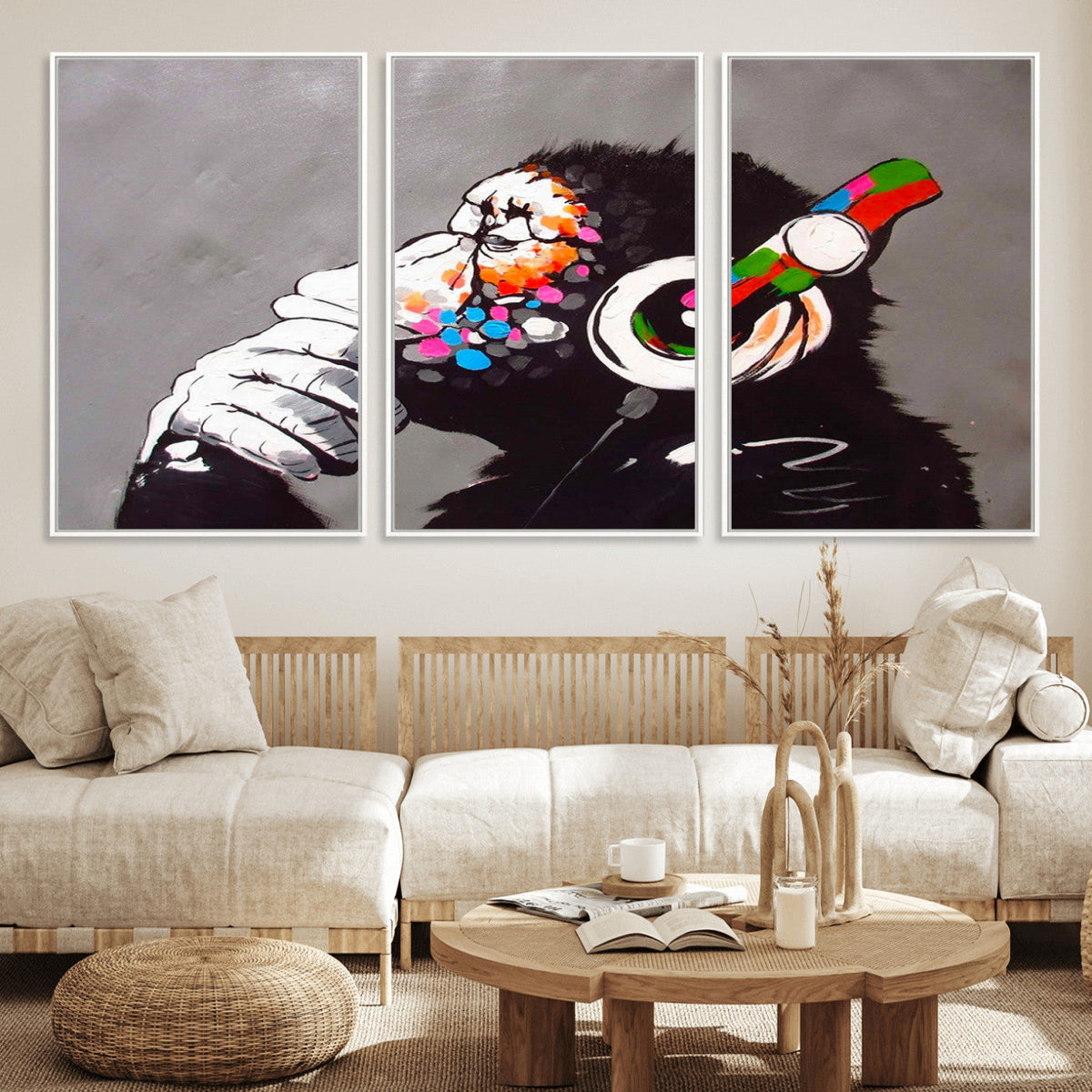 DJ Monkey Listening to Music Wall Art Print | Banksy Monkey Large Canvas Print