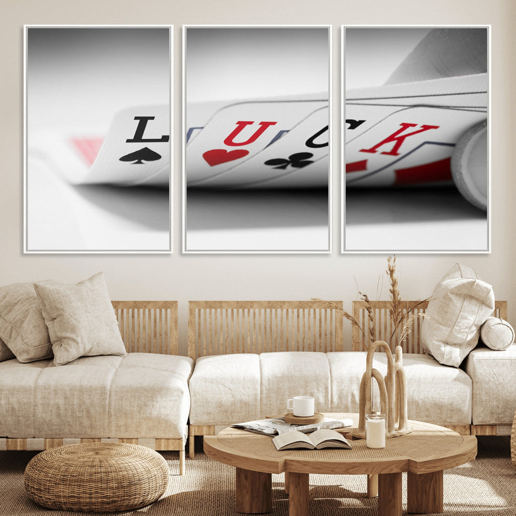 Framed Lucky Poker Cards Canvas | Modern Triptych Wall Art for Game Rooms