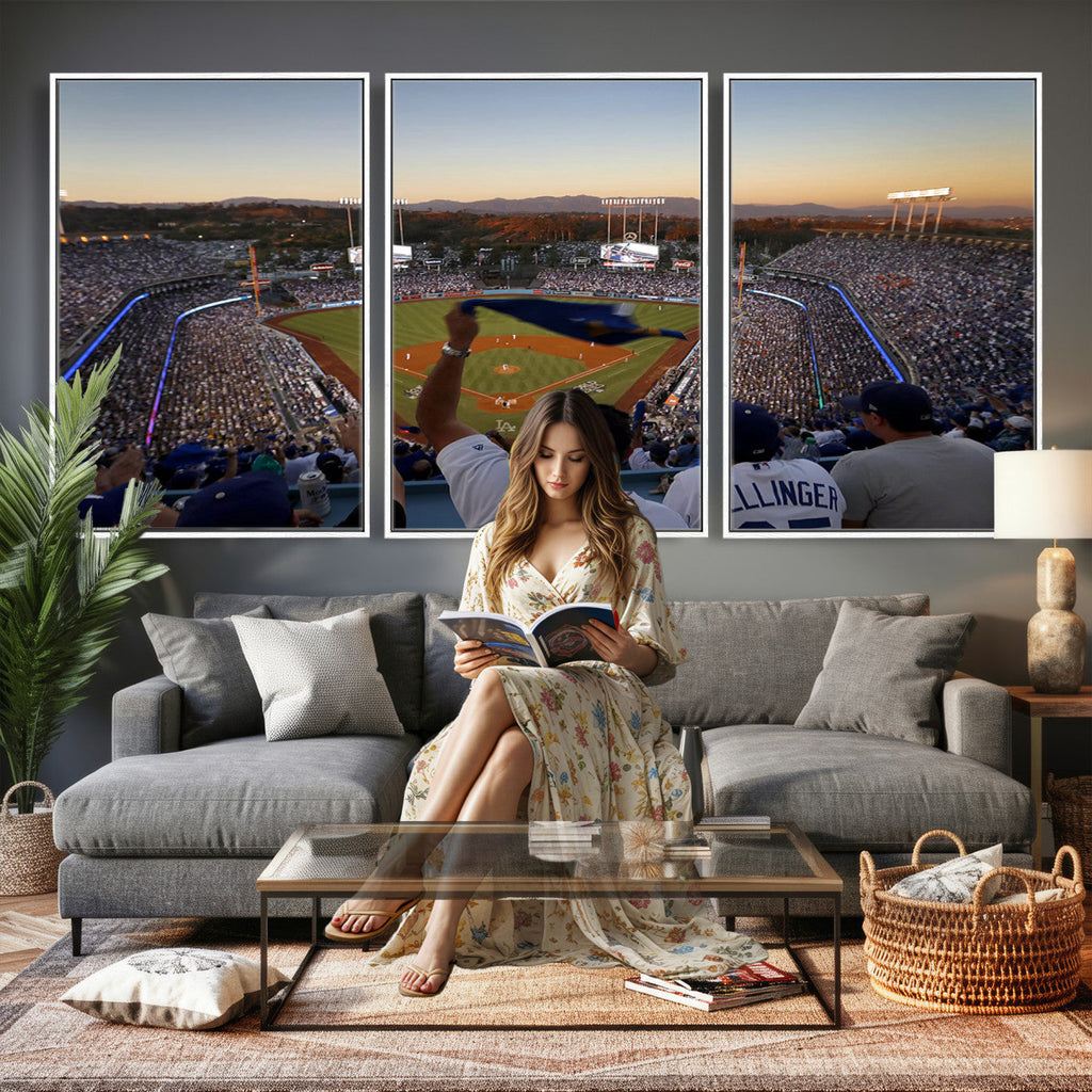 Dodger Stadium Sunset Game Triple Canvas Wall Art, Los Angeles Dodgers MLB Match