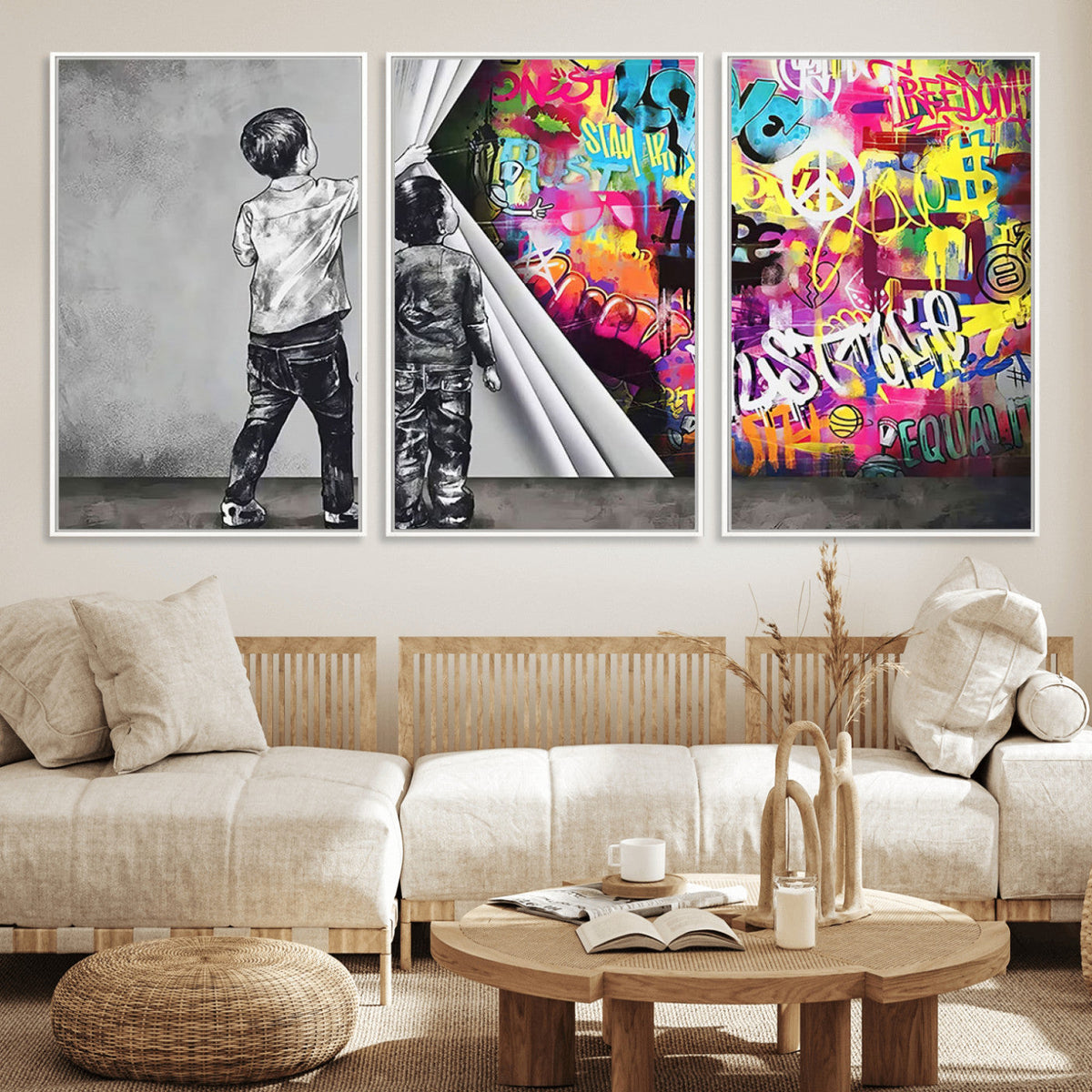 Banksy Print, Street Art Canvas Wall Art, Kids Revealing Graffiti, Urban Modern Decor