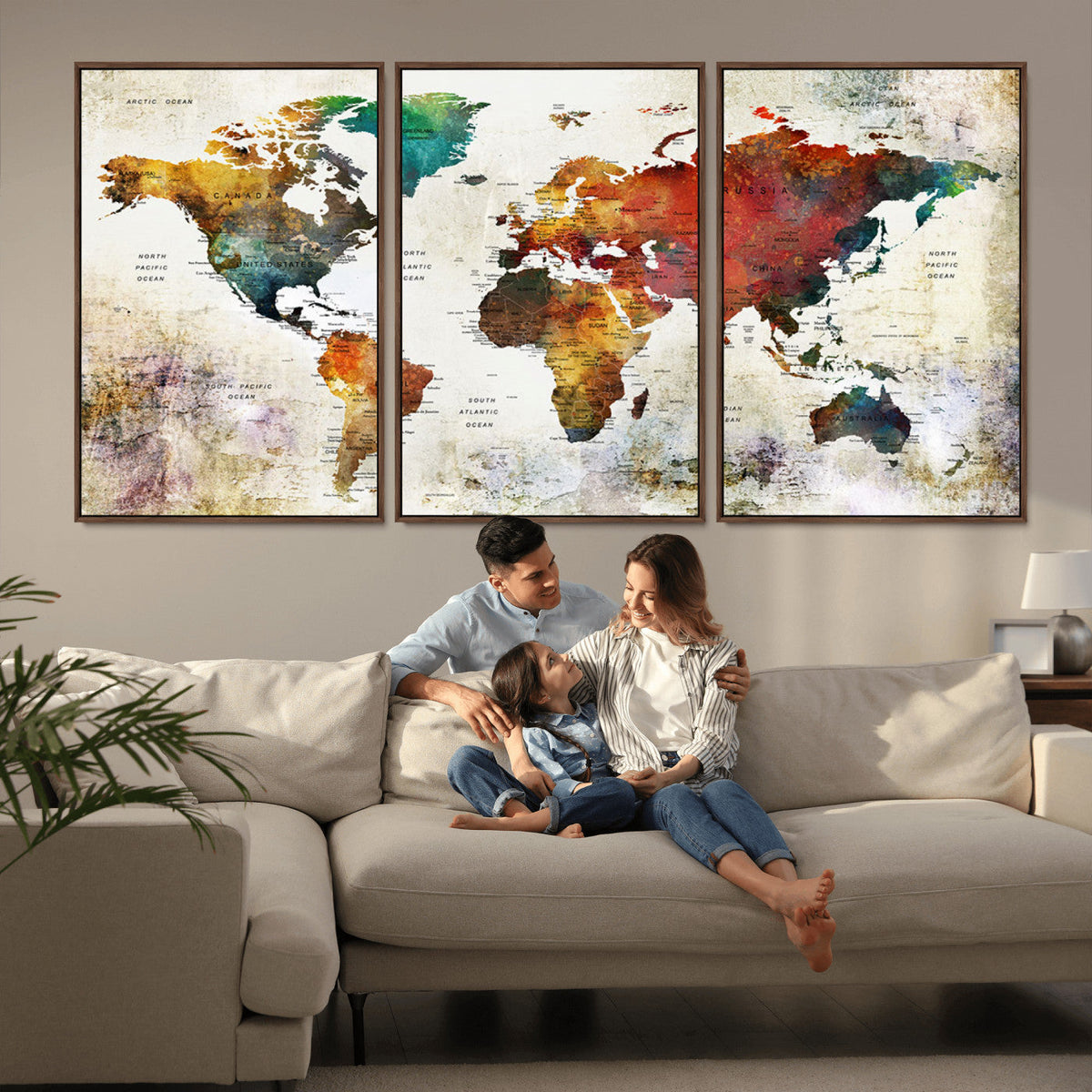 Watercolor World Map Canvas Print | Framed Travel Map Wall Art for Couples