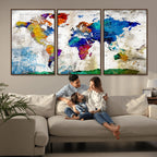 Navy Blue and Orange Watercolor World Map Canvas Print | Framed Travel Map