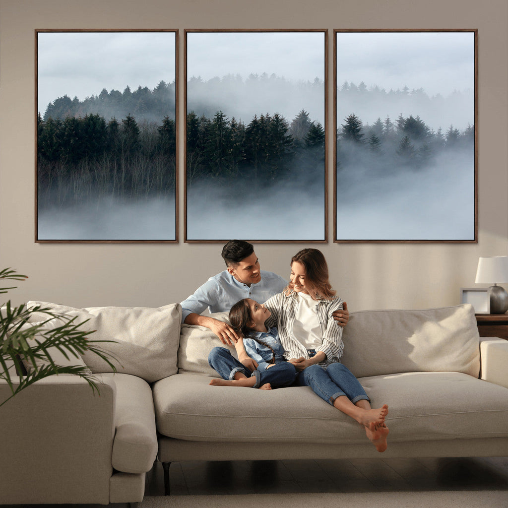 Autumn and Misty Trees in the Forest Wall Art Canvas Print, Foggy Forest Mountain Wall Art