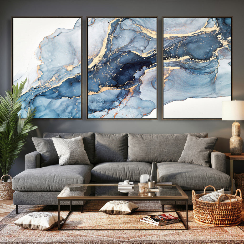 Blue Abstract Canvas Wall Art Print | Fluid Marble Effect Abstract Art