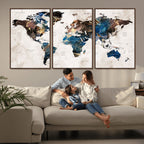 Abstract Earth Tone Blue World Map Canvas Print | Framed Travel Map Wall Art