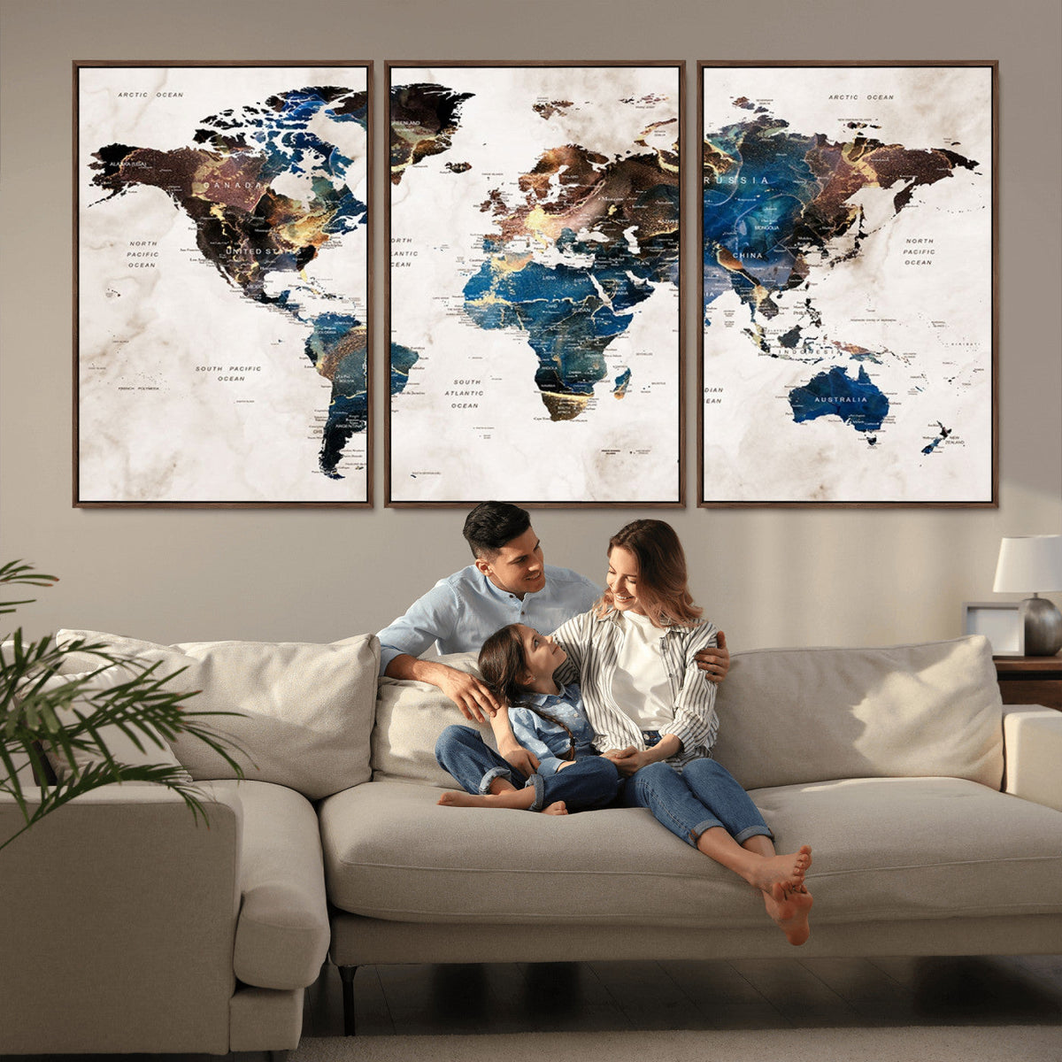 Abstract Earth Tone Blue World Map Canvas Print | Framed Travel Map Wall Art