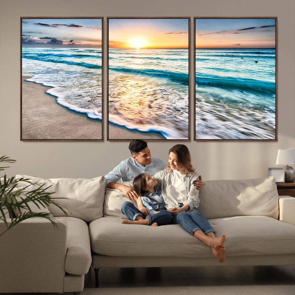 Sunset Beach Waves Canvas Wall Art | Ocean Sunset Coastal Print