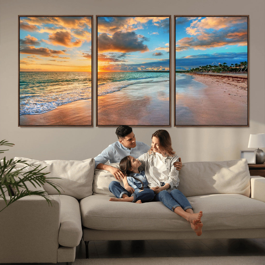 Sunset Beach Canvas Wall Art | Tropical Triptych Seascape Print