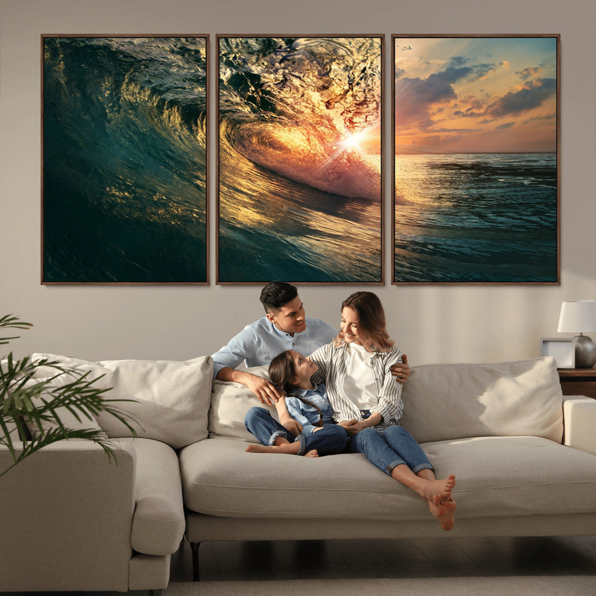 Ocean Wave Sunset Canvas Wall Art | Triptych Seascape Print
