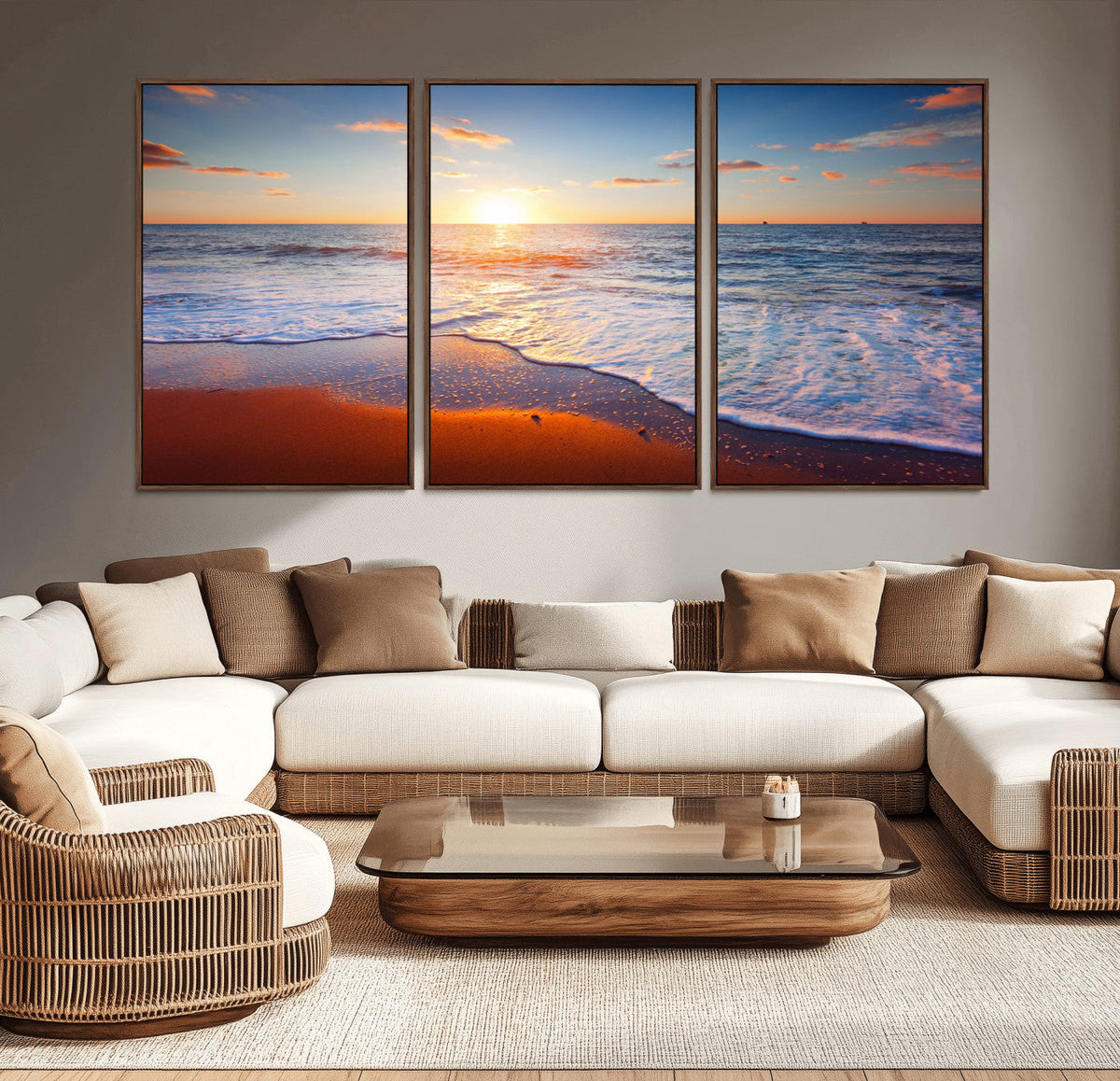 Tropical Ocean Sunset Wall Art Canvas Print, Golden Beach Horizon, Coastal Island Decor
