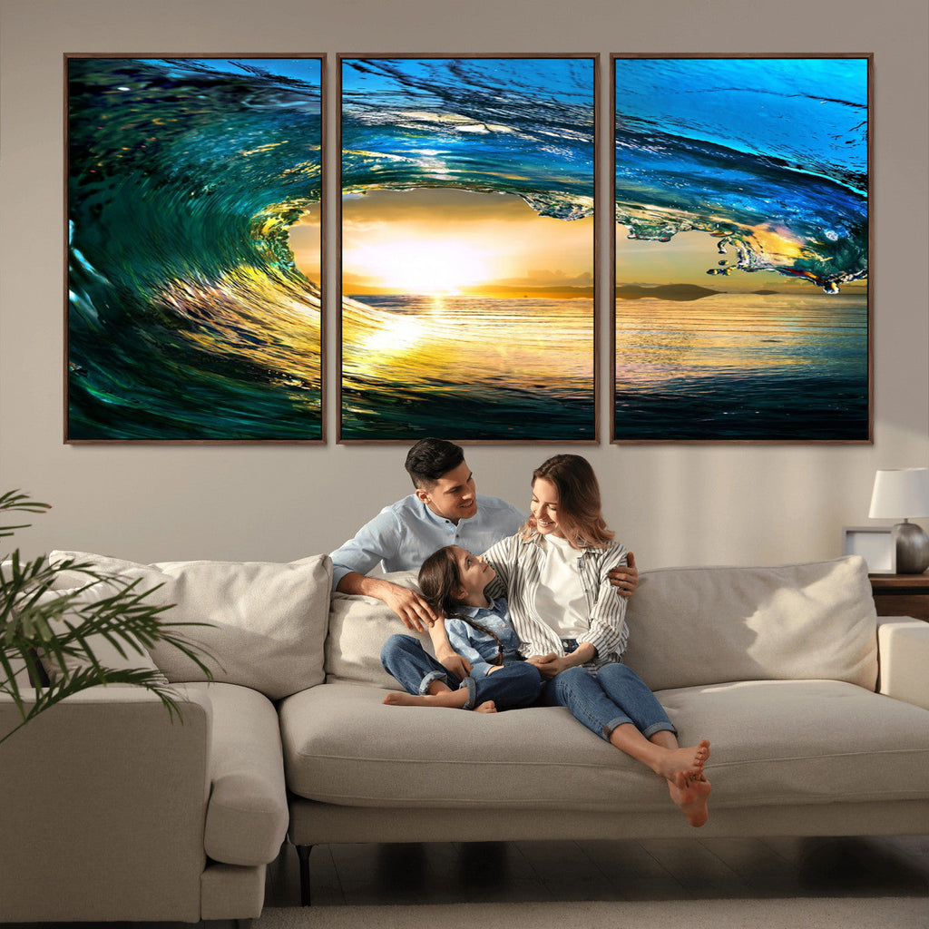 Ocean Wave at Sunset Canvas Art, Large Wall Print of Vibrant Surfing Wave