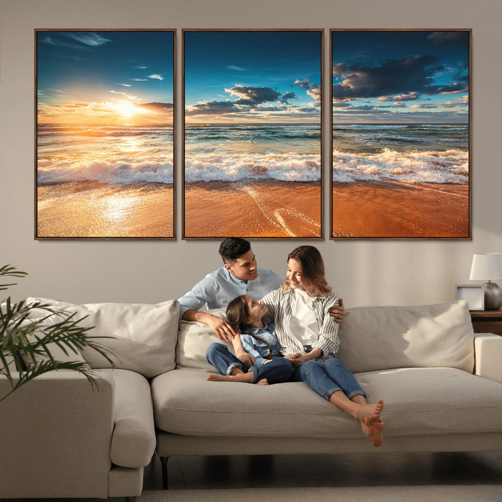 Golden Sunset Beach Triptych Canvas Art, Giclee Coastal Wall Decor, Ocean Waves Print