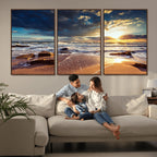Golden Hour Beach Sunset Canvas Triptych, Ocean Waves and Rocks Wall Art