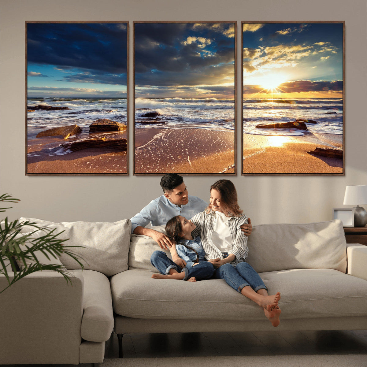 Golden Hour Beach Sunset Canvas Triptych, Ocean Waves and Rocks Wall Art