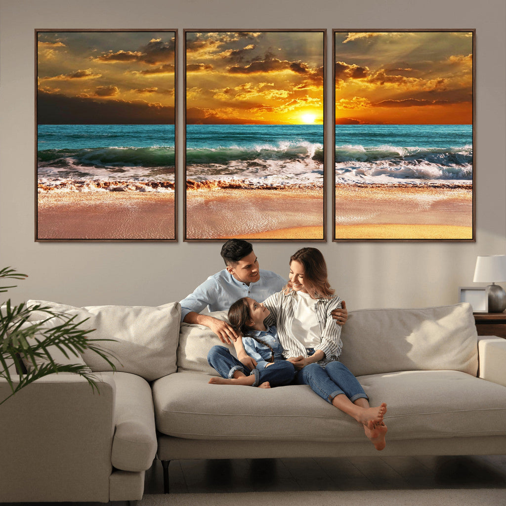 Golden Sunset Beach Canvas Wall Art | Triptych Seascape Print, Framed and Ready to Hang