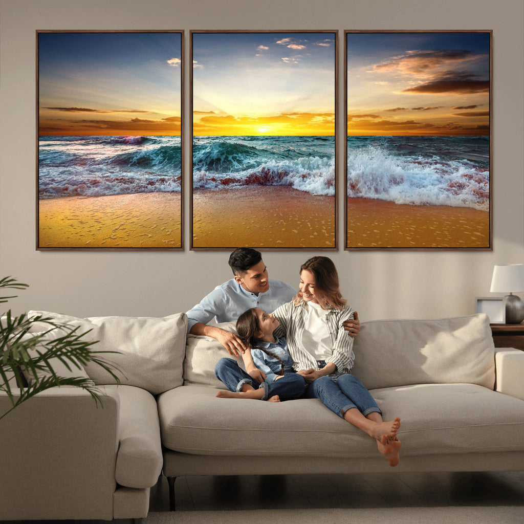 Golden Sunset Ocean Waves Wall Art Canvas Print | Multi Panel Beach Canvas Set, Coastal Triptych