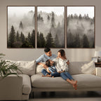 Foggy Mountain Wall Art | 3-Panel Foggy Forest and Mountain Landscape Canvas Print