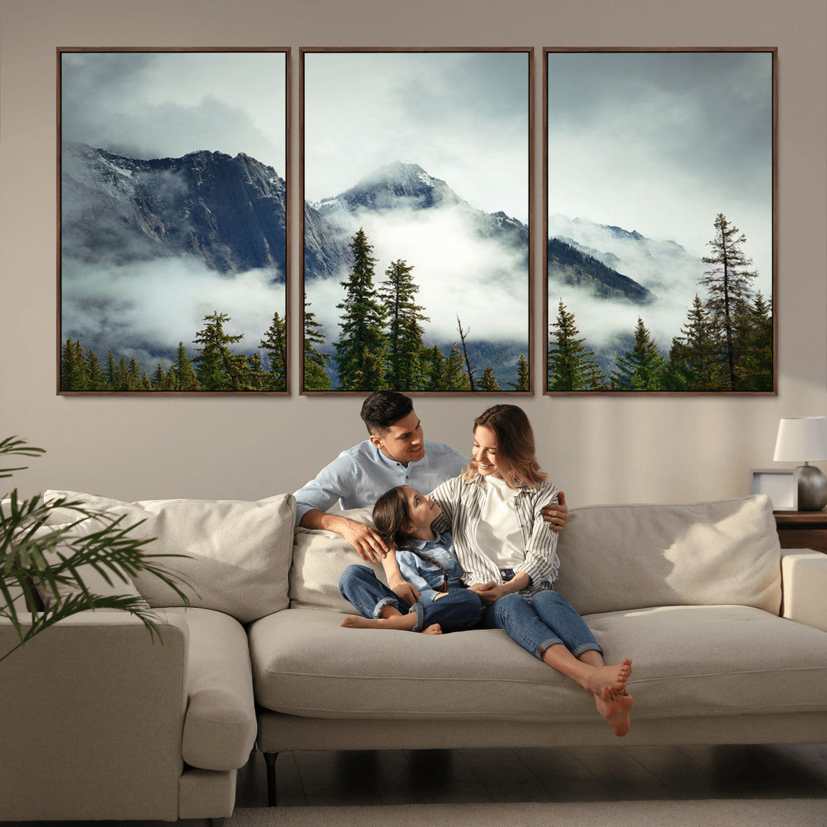 Mountain Mist Canvas Wall Art Print | 3-Panel Foggy Forest and Mountain Landscape