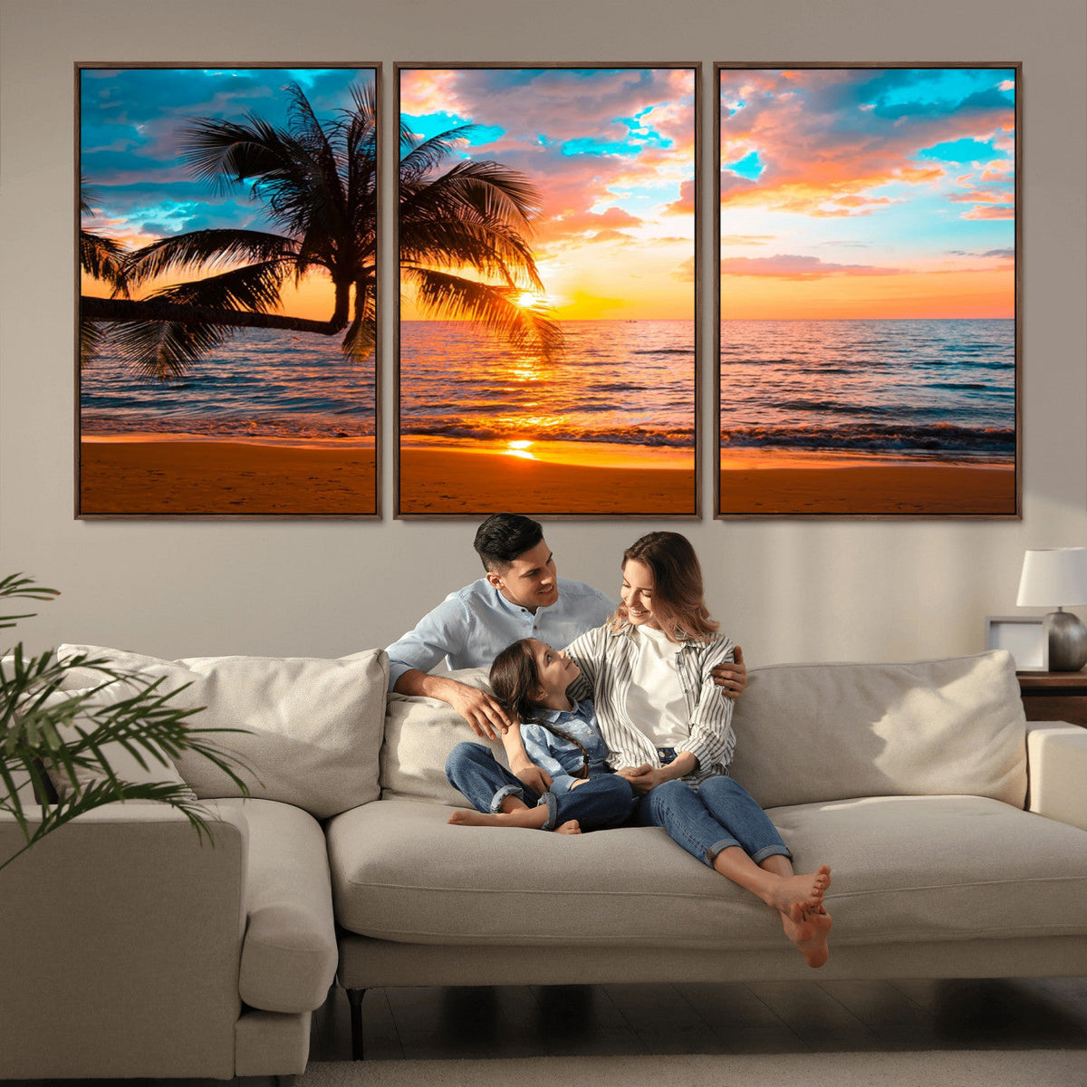Palm Tree Sunset On The Beach Wall Art Canvas, Framed Palm Tree Sunset Canvas Print