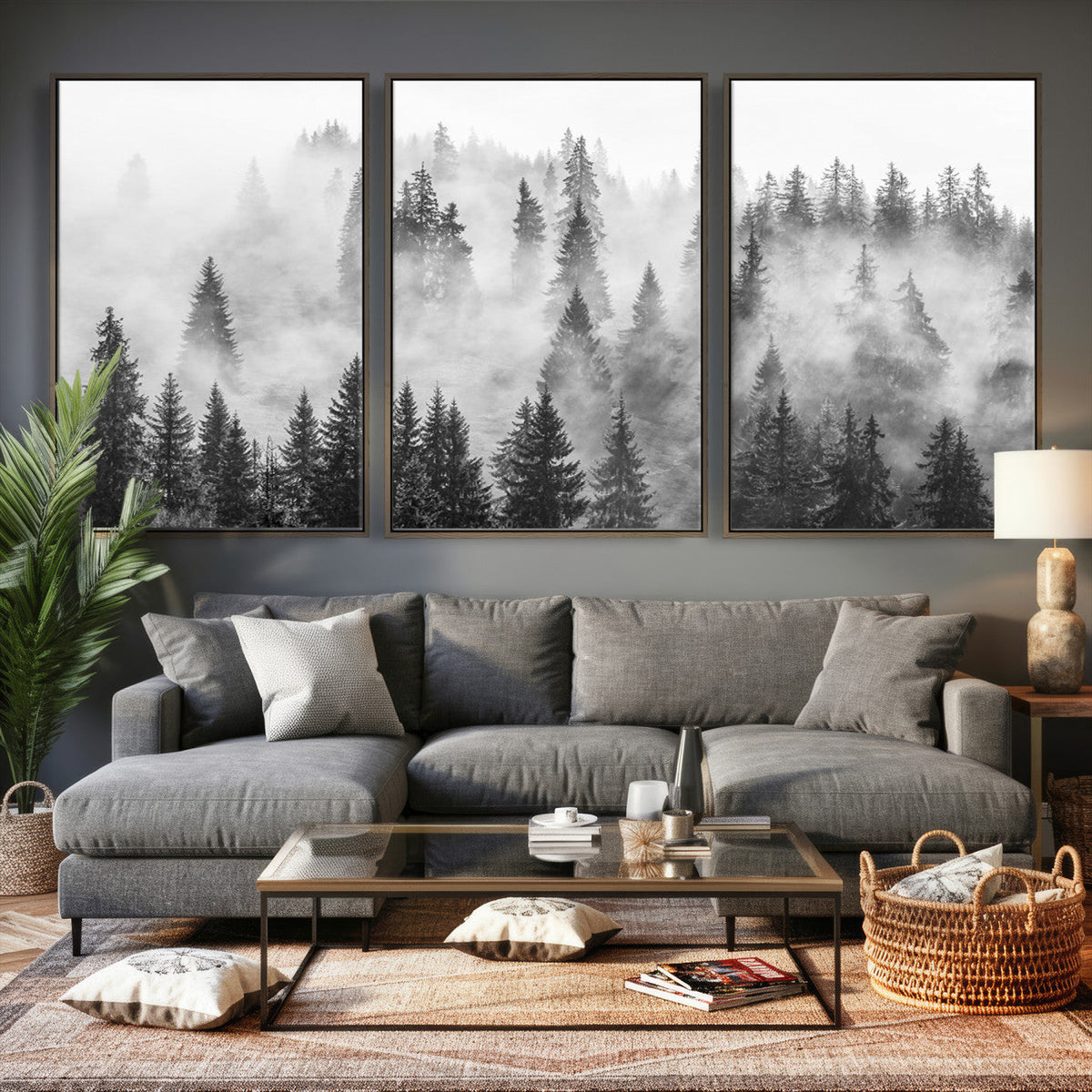 Forest Wall Art Print | Foggy Pine Forest Canvas Wall Art, Black and White Nature Decor