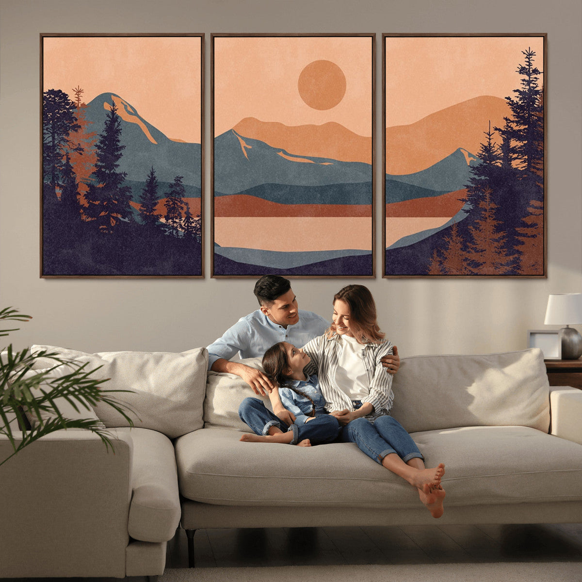 Modern Boho Sunset Canvas Print, Mountain Landscape Triptych