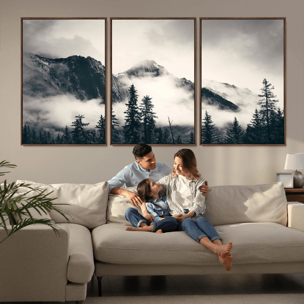 Forest Mountain Print | Black and White Canvas Wall Art with Misty Forest Design