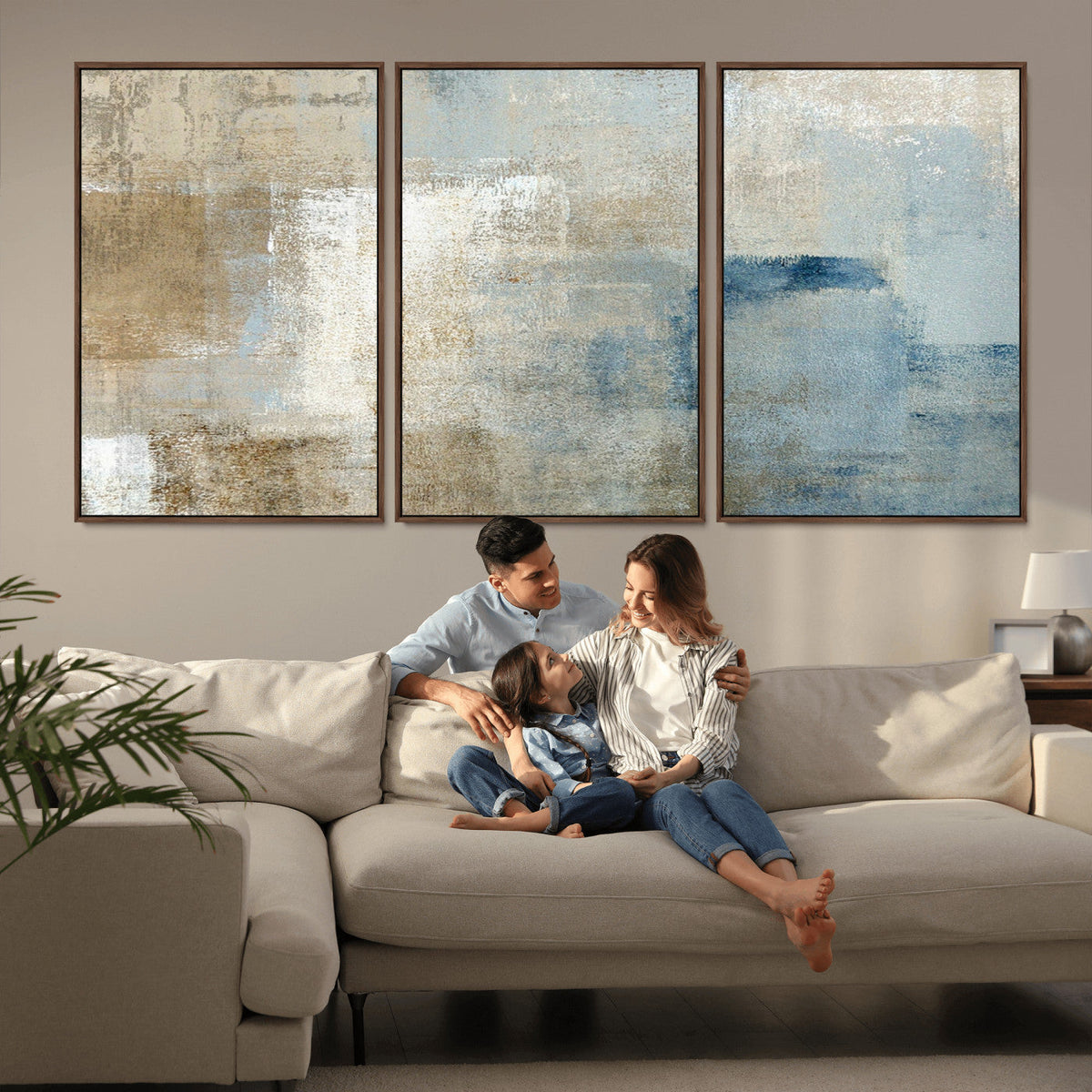 Abstract Blue and Beige Wall Art, Modern Minimalist Canvas Print Set