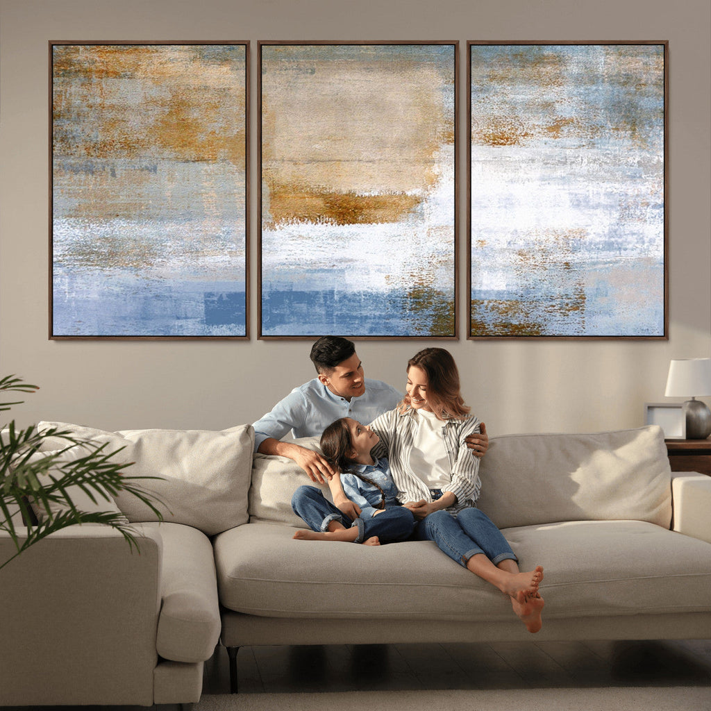 Blue Multi Panel Abstract Wall Art Canvas, Abstract Blue and Gold Canvas Print