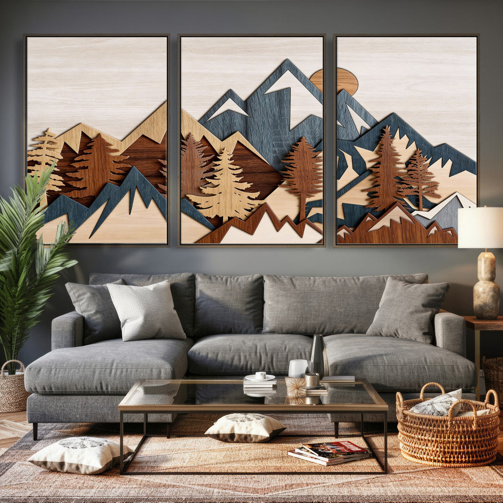 Rustic Abstract Wood Panel Effect Canvas | Mountain Range Top Wood Wall Art Canvas Print