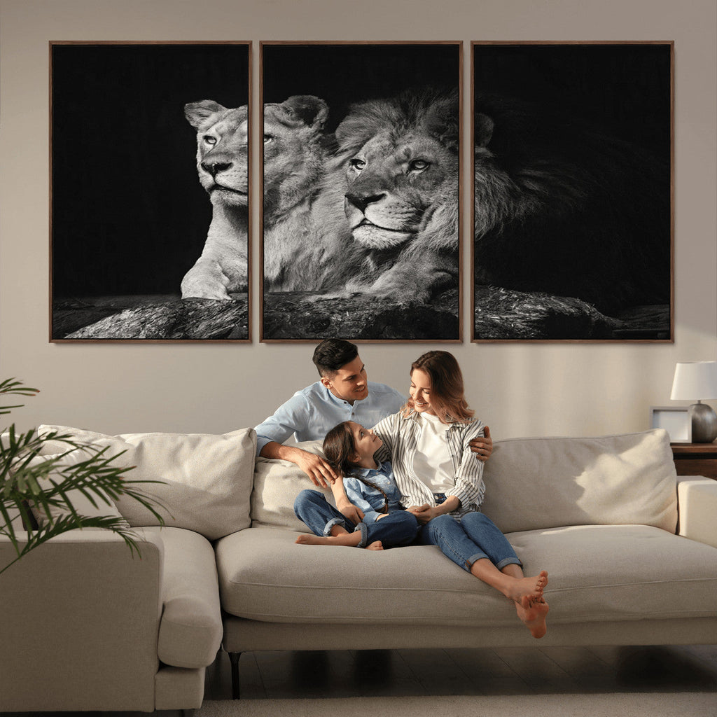 Lion Couple Wall Art Canvas Print, Elegant Black and White Wildlife Portrait