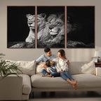 Lion Couple Wall Art Canvas Print, Elegant Black and White Wildlife Portrait