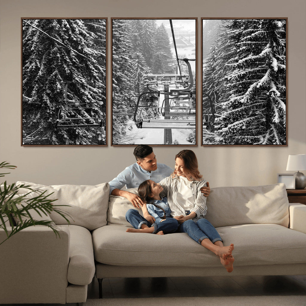 Winter Ski Lift Black and White Canvas Wall Art | Alpine Escape in Minimalist Style