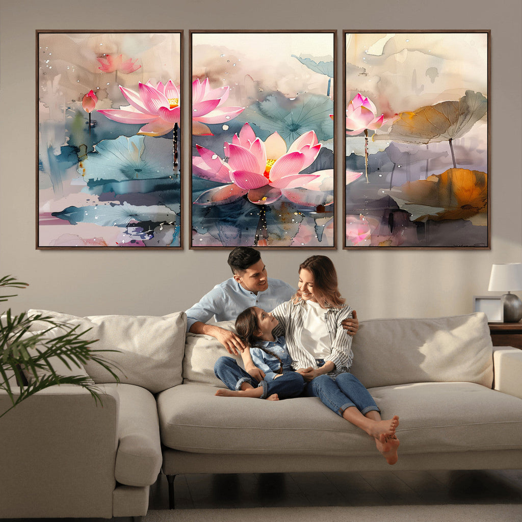 Lotus Flower Wall Art | 3 Panel Giclee Canvas Print of Pink Lotus Blossoms